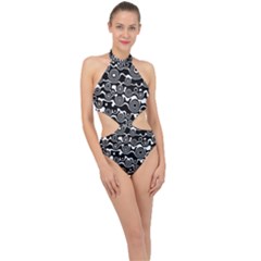 Abstract Black And White Bubble Pattern Halter Side Cut Swimsuit by SpinnyChairDesigns