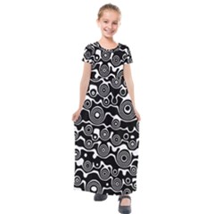 Abstract Black And White Bubble Pattern Kids  Short Sleeve Maxi Dress by SpinnyChairDesigns