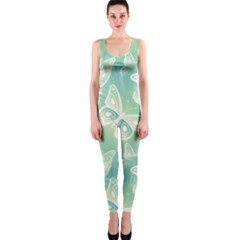 Turquoise Light Green Butterfly Pattern One Piece Catsuit by SpinnyChairDesigns