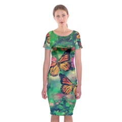 Watercolor Monarch Butterflies Classic Short Sleeve Midi Dress by SpinnyChairDesigns