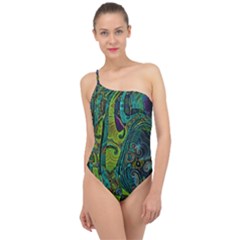 Jungle Print Green Abstract Pattern Classic One Shoulder Swimsuit by SpinnyChairDesigns