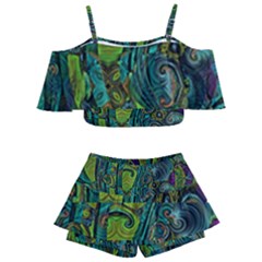 Jungle Print Green Abstract Pattern Kids  Off Shoulder Skirt Bikini