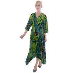 Jungle Print Green Abstract Pattern Quarter Sleeve Wrap Front Maxi Dress by SpinnyChairDesigns