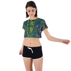 Jungle Print Green Abstract Pattern Tie Back Short Sleeve Crop Tee by SpinnyChairDesigns