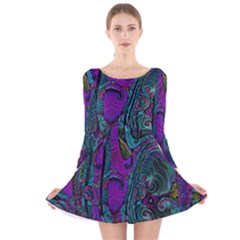 Purple Teal Abstract Jungle Print Pattern Long Sleeve Velvet Skater Dress by SpinnyChairDesigns