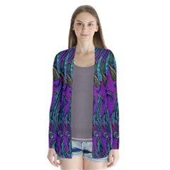 Purple Teal Abstract Jungle Print Pattern Drape Collar Cardigan by SpinnyChairDesigns