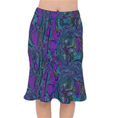 Purple Teal Abstract Jungle Print Pattern Short Mermaid Skirt by SpinnyChairDesigns