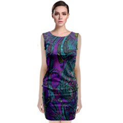 Purple Teal Abstract Jungle Print Pattern Sleeveless Velvet Midi Dress by SpinnyChairDesigns