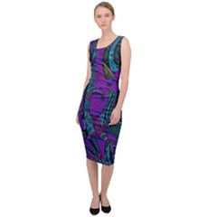 Purple Teal Abstract Jungle Print Pattern Sleeveless Pencil Dress by SpinnyChairDesigns