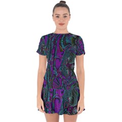 Purple Teal Abstract Jungle Print Pattern Drop Hem Mini Chiffon Dress by SpinnyChairDesigns