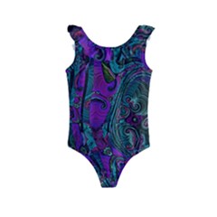Purple Teal Abstract Jungle Print Pattern Kids  Frill Swimsuit by SpinnyChairDesigns