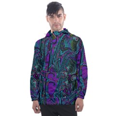 Purple Teal Abstract Jungle Print Pattern Men s Front Pocket Pullover Windbreaker by SpinnyChairDesigns