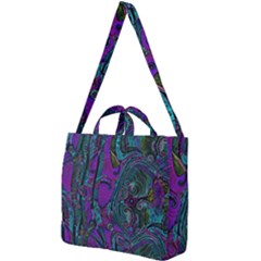 Purple Teal Abstract Jungle Print Pattern Square Shoulder Tote Bag by SpinnyChairDesigns