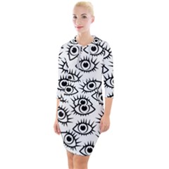 Black And White Cartoon Eyeballs Quarter Sleeve Hood Bodycon Dress by SpinnyChairDesigns