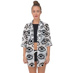 Black And White Cartoon Eyeballs Open Front Chiffon Kimono by SpinnyChairDesigns