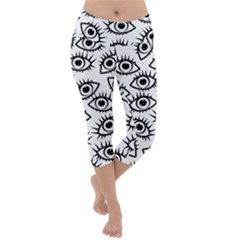Black And White Cartoon Eyeballs Lightweight Velour Capri Yoga Leggings by SpinnyChairDesigns