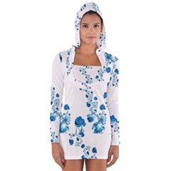 Abstract Blue Flowers On White Long Sleeve Hooded T-shirt by SpinnyChairDesigns
