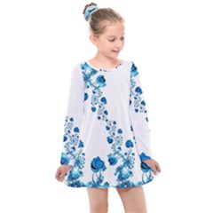 Abstract Blue Flowers On White Kids  Long Sleeve Dress by SpinnyChairDesigns