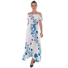 Abstract Blue Flowers On White Off Shoulder Open Front Chiffon Dress by SpinnyChairDesigns