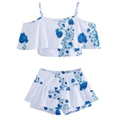 Abstract Blue Flowers On White Kids  Off Shoulder Skirt Bikini by SpinnyChairDesigns