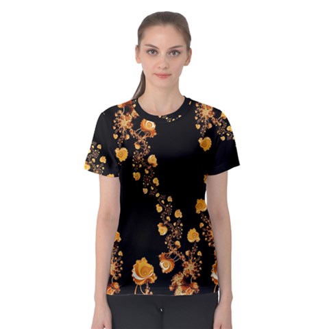 Abstract Gold Yellow Roses On Black Women s Sport Mesh Tee by SpinnyChairDesigns