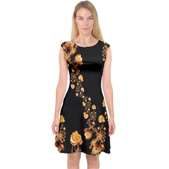 Abstract Gold Yellow Roses On Black Capsleeve Midi Dress by SpinnyChairDesigns