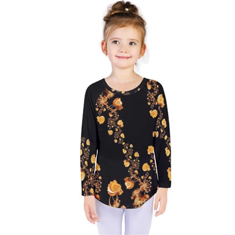 Abstract Gold Yellow Roses On Black Kids  Long Sleeve Tee by SpinnyChairDesigns