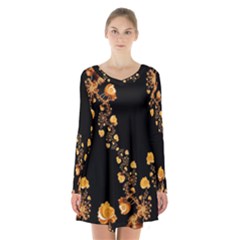 Abstract Gold Yellow Roses On Black Long Sleeve Velvet V-neck Dress by SpinnyChairDesigns