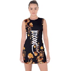 Abstract Gold Yellow Roses On Black Lace Up Front Bodycon Dress by SpinnyChairDesigns