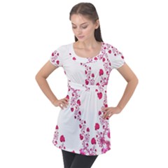 Abstract Pink Roses On White Puff Sleeve Tunic Top by SpinnyChairDesigns