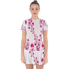 Abstract Pink Roses On White Drop Hem Mini Chiffon Dress by SpinnyChairDesigns