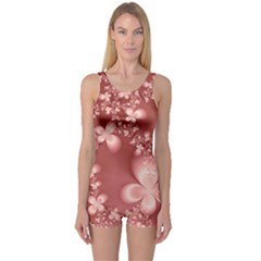 Tea Rose Colored Floral Pattern One Piece Boyleg Swimsuit by SpinnyChairDesigns