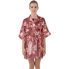 Tea Rose Colored Floral Pattern Half Sleeve Satin Kimono  by SpinnyChairDesigns