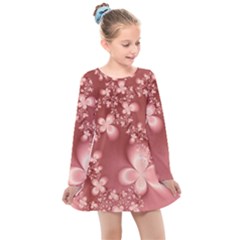 Tea Rose Colored Floral Pattern Kids  Long Sleeve Dress by SpinnyChairDesigns