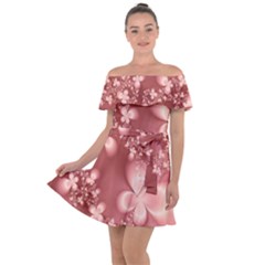 Tea Rose Colored Floral Pattern Off Shoulder Velour Dress