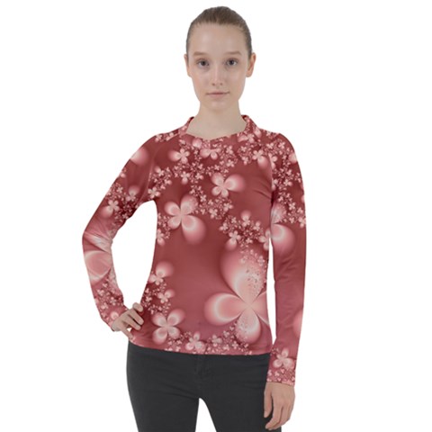 Tea Rose Colored Floral Pattern Women s Pique Long Sleeve Tee by SpinnyChairDesigns