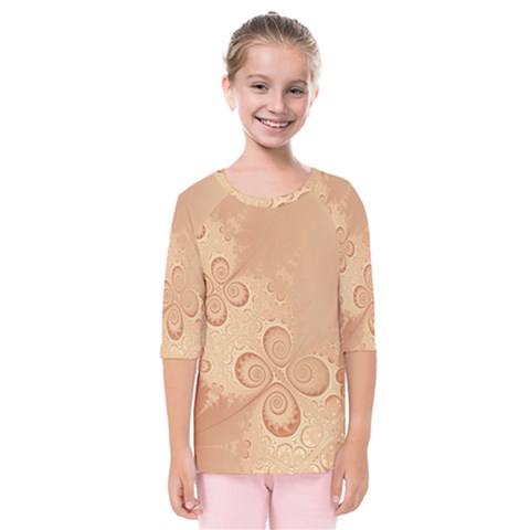 Coral Peach Intricate Swirls Pattern Kids  Quarter Sleeve Raglan Tee by SpinnyChairDesigns