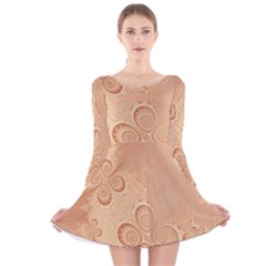 Coral Peach Intricate Swirls Pattern Long Sleeve Velvet Skater Dress by SpinnyChairDesigns
