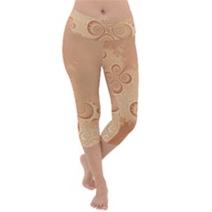 Coral Peach Intricate Swirls Pattern Lightweight Velour Capri Yoga Leggings by SpinnyChairDesigns