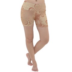 Coral Peach Intricate Swirls Pattern Lightweight Velour Yoga Shorts by SpinnyChairDesigns