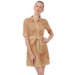 Coral Peach Intricate Swirls Pattern Belted Shirt Dress by SpinnyChairDesigns