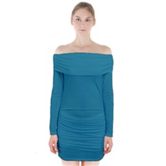Mosaic Blue Pantone Solid Color Long Sleeve Off Shoulder Dress by FlagGallery