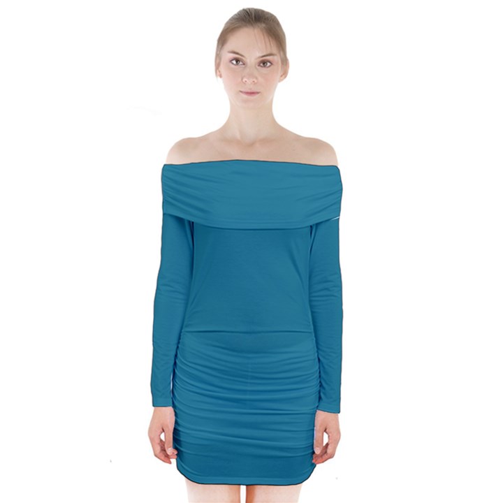 Mosaic Blue Pantone Solid Color Long Sleeve Off Shoulder Dress