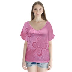 Pink Intricate Swirls Pattern V-neck Flutter Sleeve Top by SpinnyChairDesigns