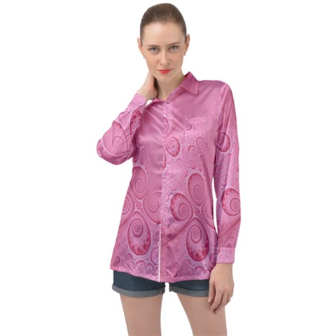 Pink Intricate Swirls Pattern Long Sleeve Satin Shirt by SpinnyChairDesigns