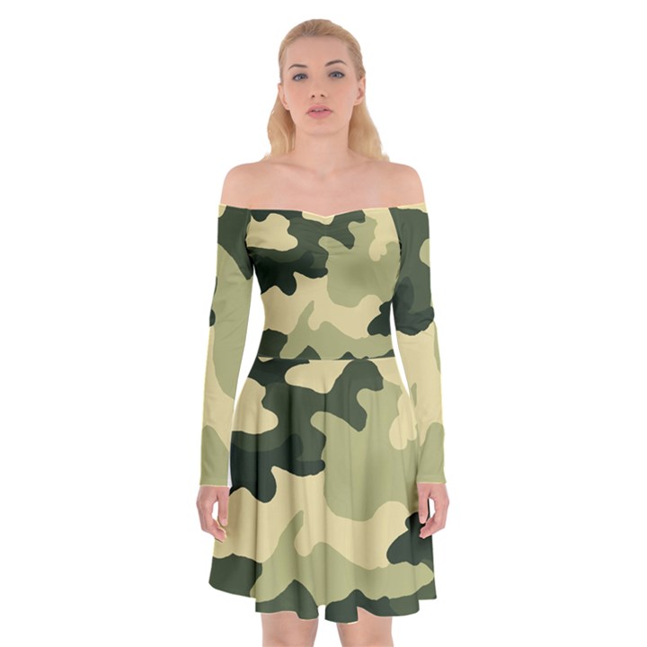 Camo Green Off Shoulder Skater Dress