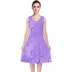 Purple Intricate Swirls Pattern V-neck Midi Sleeveless Dress  by SpinnyChairDesigns