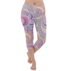 Pastel Pink Intricate Swirls Spirals  Lightweight Velour Capri Yoga Leggings by SpinnyChairDesigns