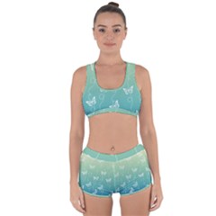 White Butterflies On Blue And Light Green Racerback Boyleg Bikini Set