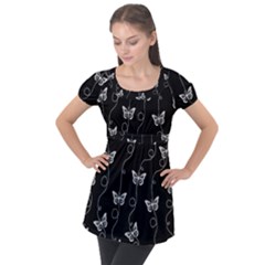 Black And White Butterfly Pattern Puff Sleeve Tunic Top by SpinnyChairDesigns